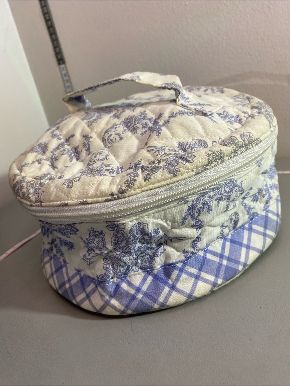 Dove Blue Floral Quilted Cosmetic Case with Handle